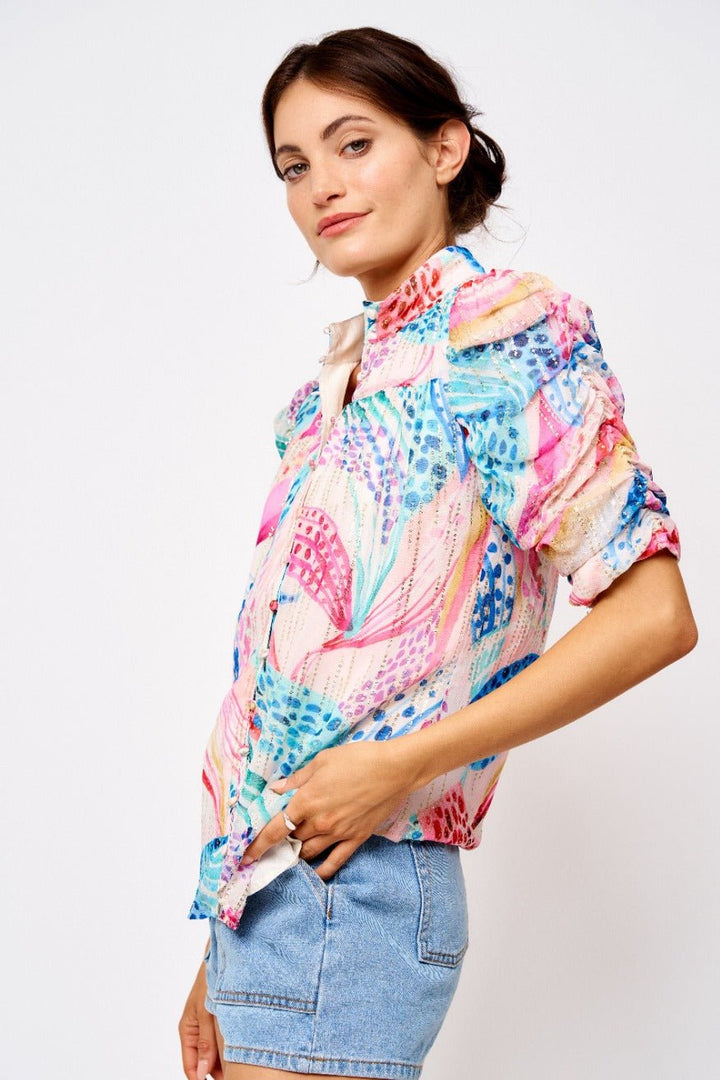 Maggie Floral Printed Ruched Sleeve Shirt - Lush Lemon - Women's Clothing - Ciebon - 13053