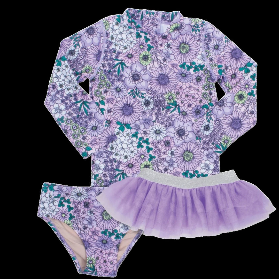 Mod Purple Floral W/ TuTu Girls Two Piece Rashguard Set - Lush Lemon - Children's Clothing - Shade Critters - 841713186496