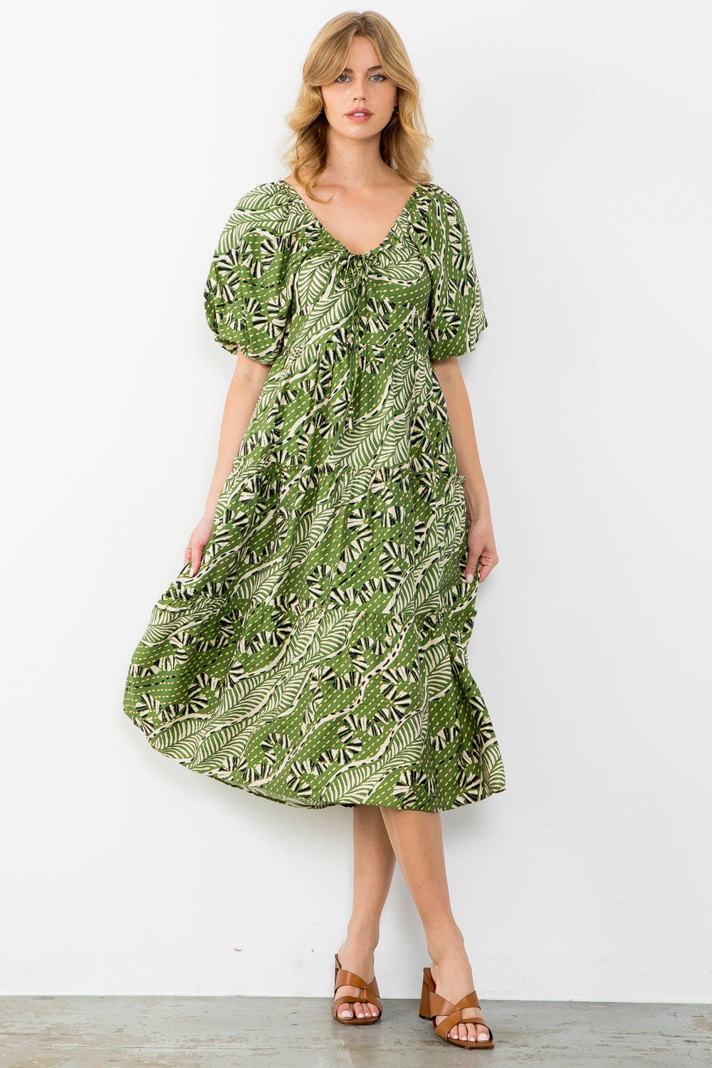Puff Sleeve Print Tiered Dress - THML - Lush Lemon Green / S Puff Sleeve Print Tiered Dress - THML - Lush Lemon Green / S