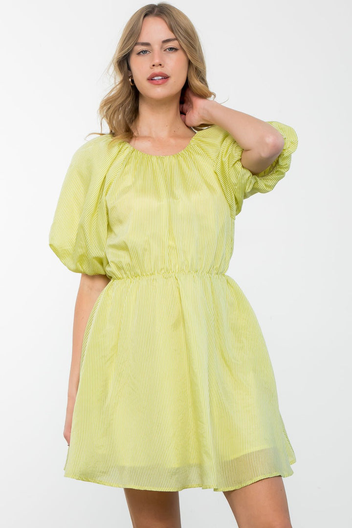 Puff Sleeve Striped Dress - Lush Lemon - Women's Clothing - THML - 225722571