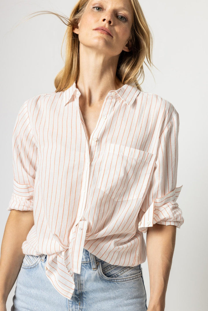 Tangerine Stripe Boyfriend Buttondown - Lush Lemon - Women's Clothing - Lilla P - 886288510727