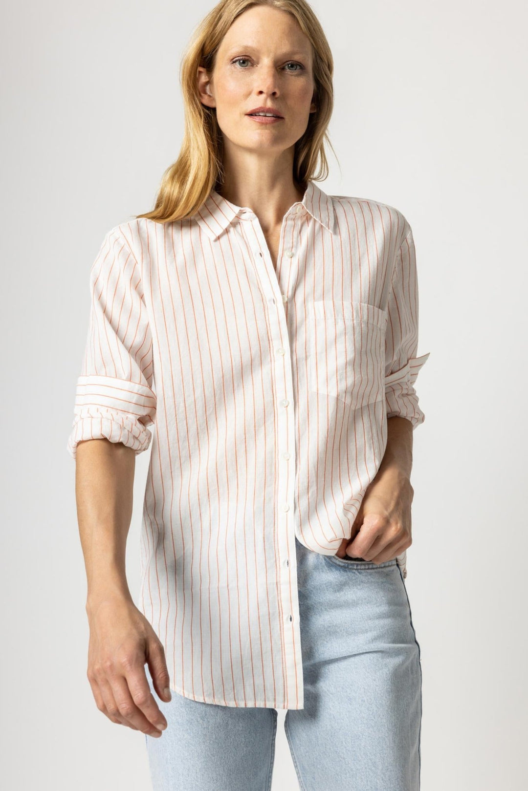 Tangerine Stripe Boyfriend Buttondown - Lush Lemon - Women's Clothing - Lilla P - 886288510727