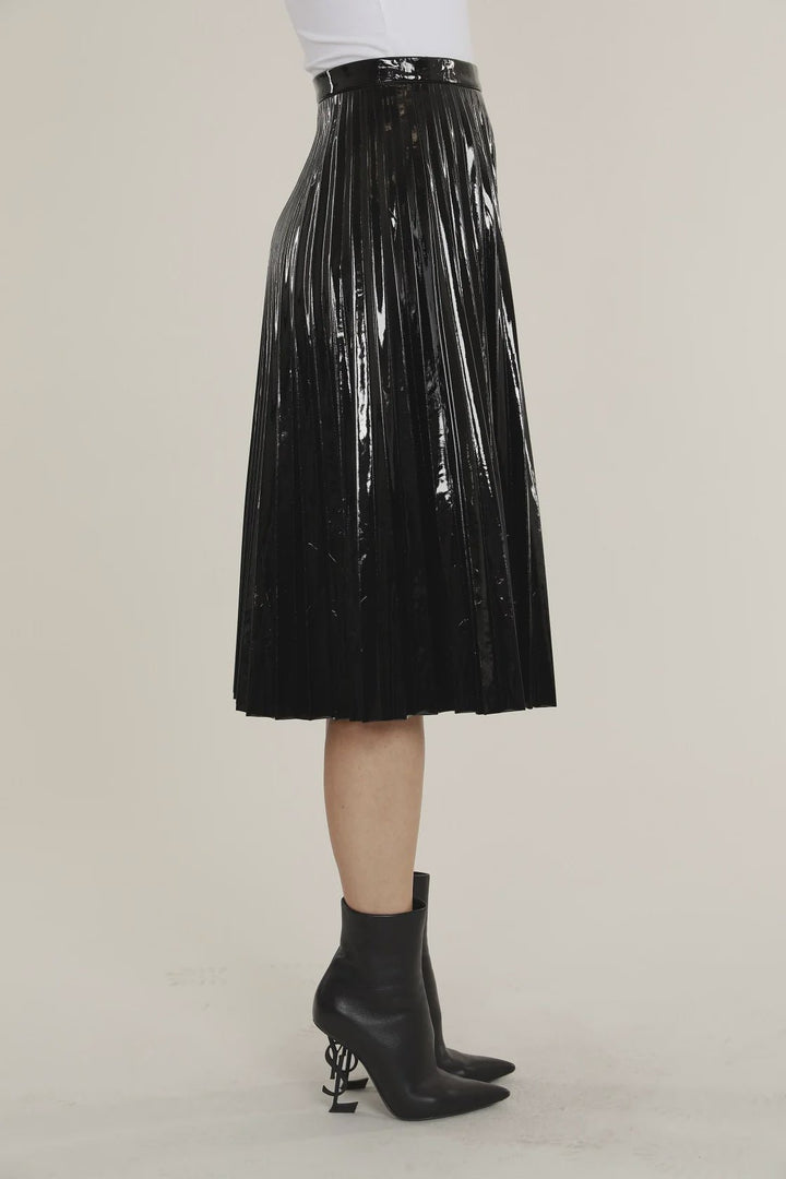 Vegan Patent Leather Pleated Skirt - Lush Lemon - Women's Clothing - Dolce Cabo - 13662