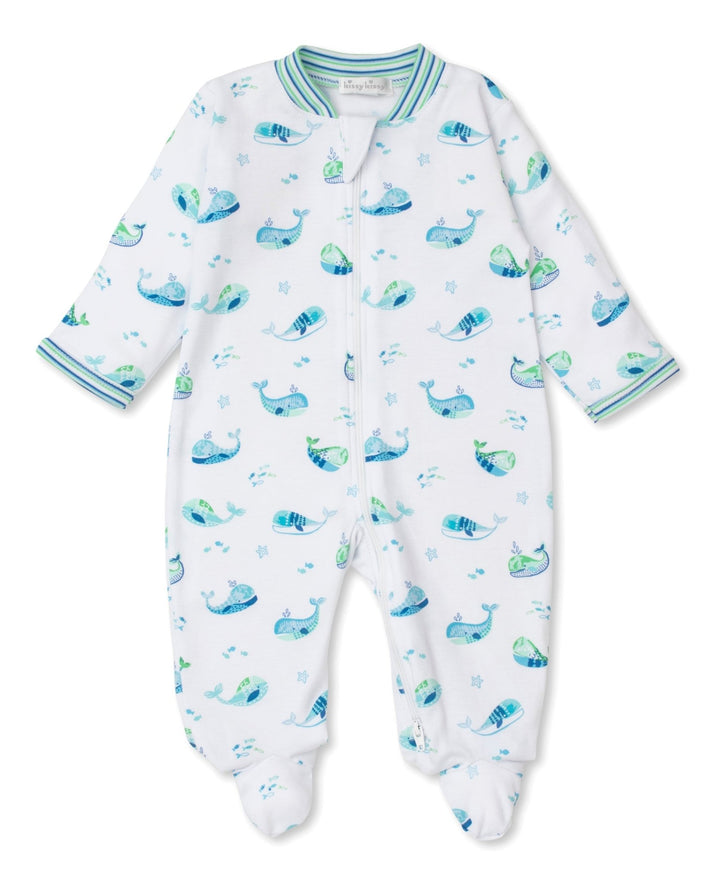 Watercolor Whales Zip Footie - Lush Lemon - Children's Clothing - Kissy Kissy - 195165157772