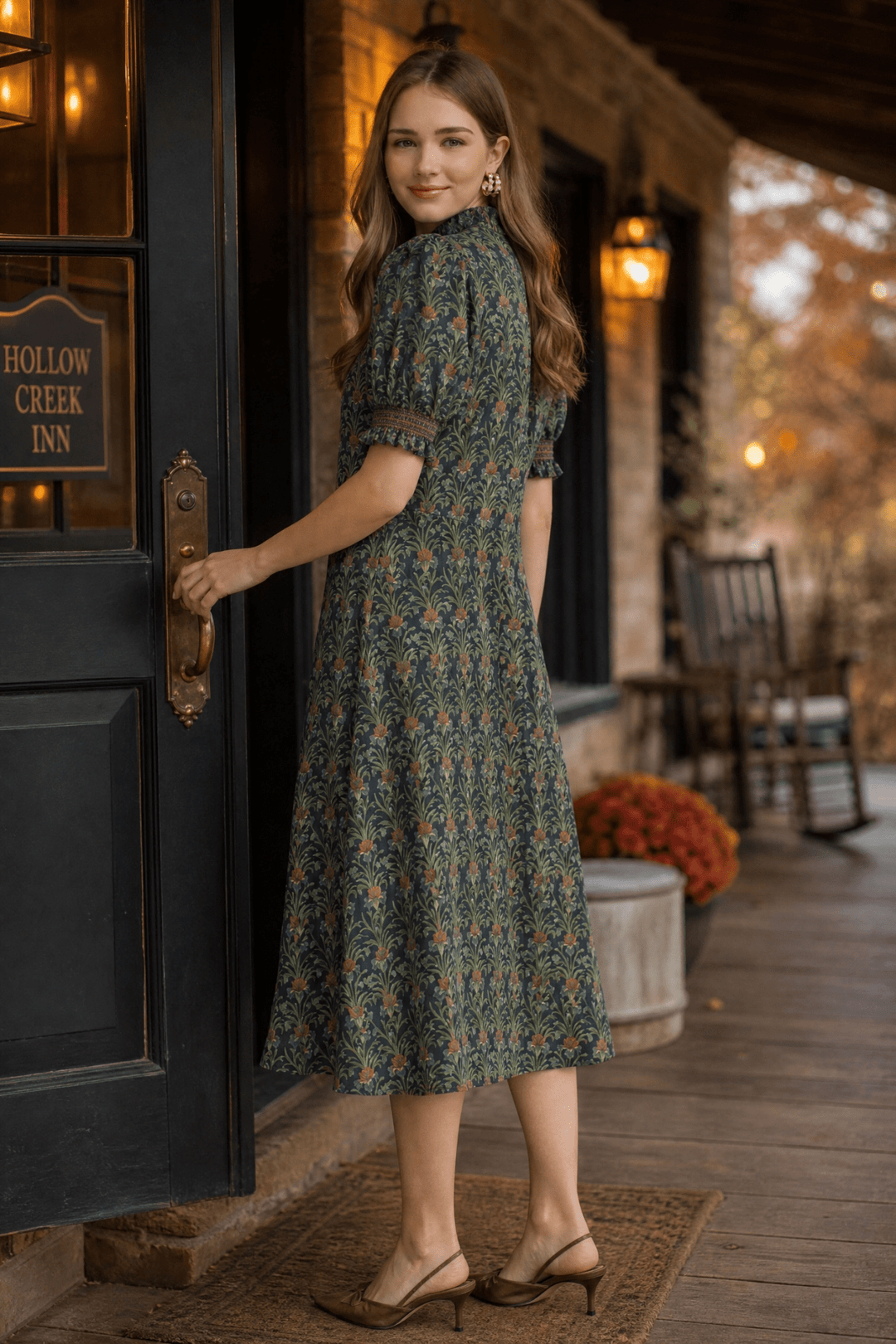 Autumn Dinner Date Style: Floral Ruffle Midi Dress - Lush Lemon