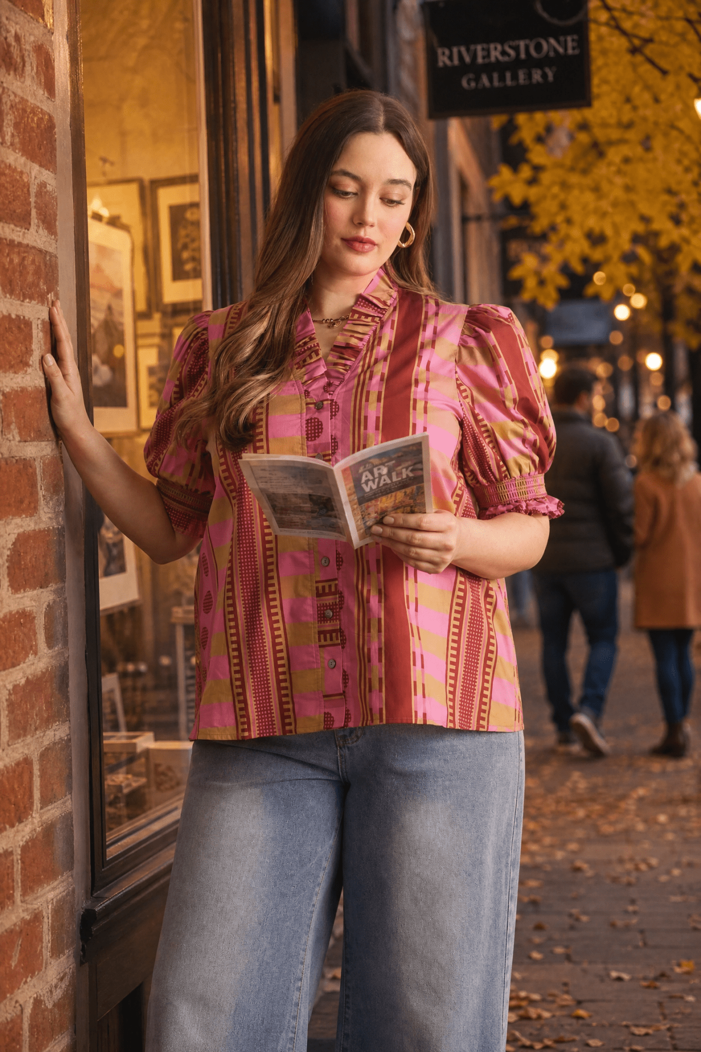 Fall Art Walk Style: The Mixed Print Ruffle Neck Top - Lush Lemon