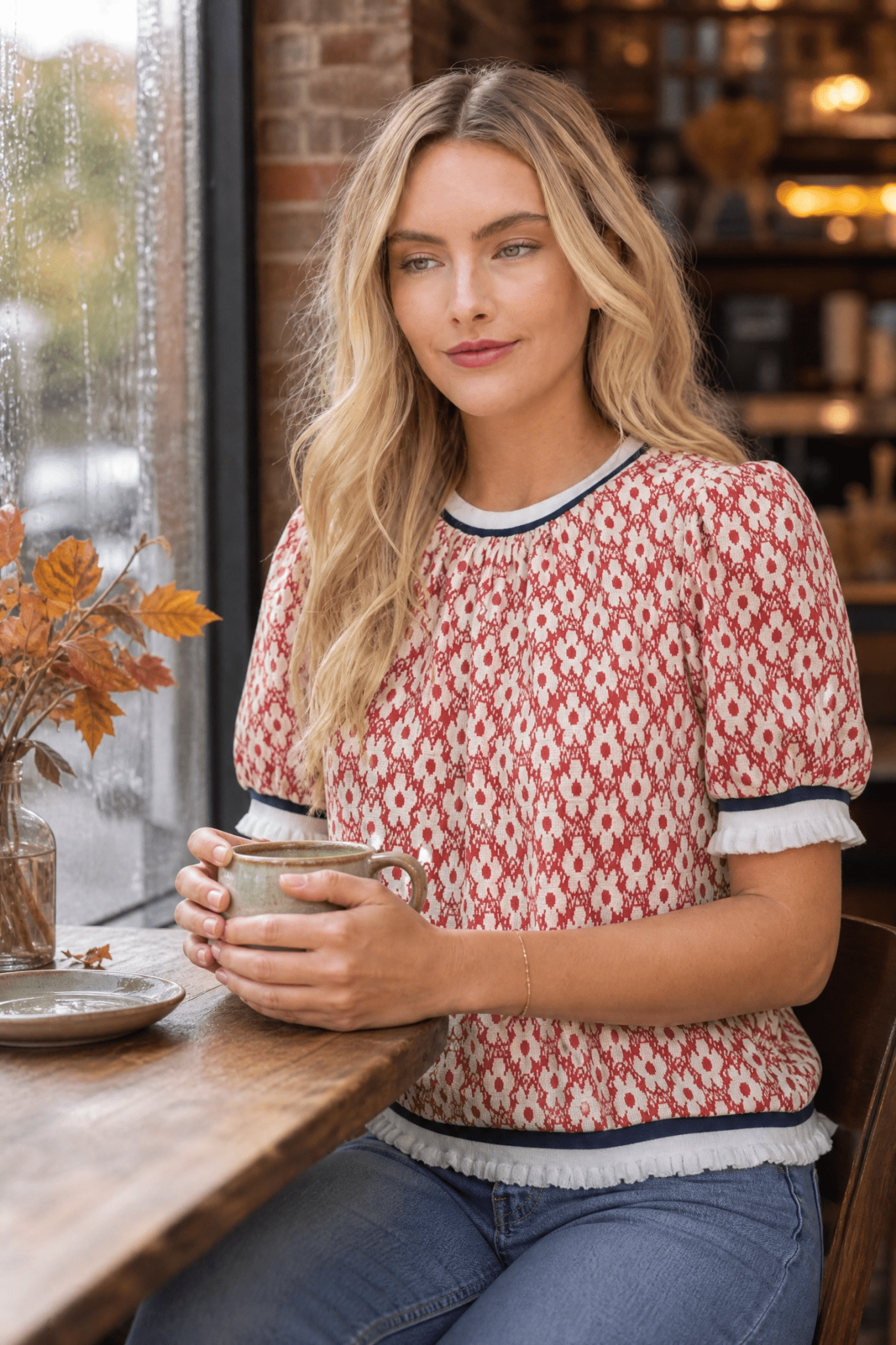 Fall Coffee Shop Style: Floral Knit Top - Lush Lemon