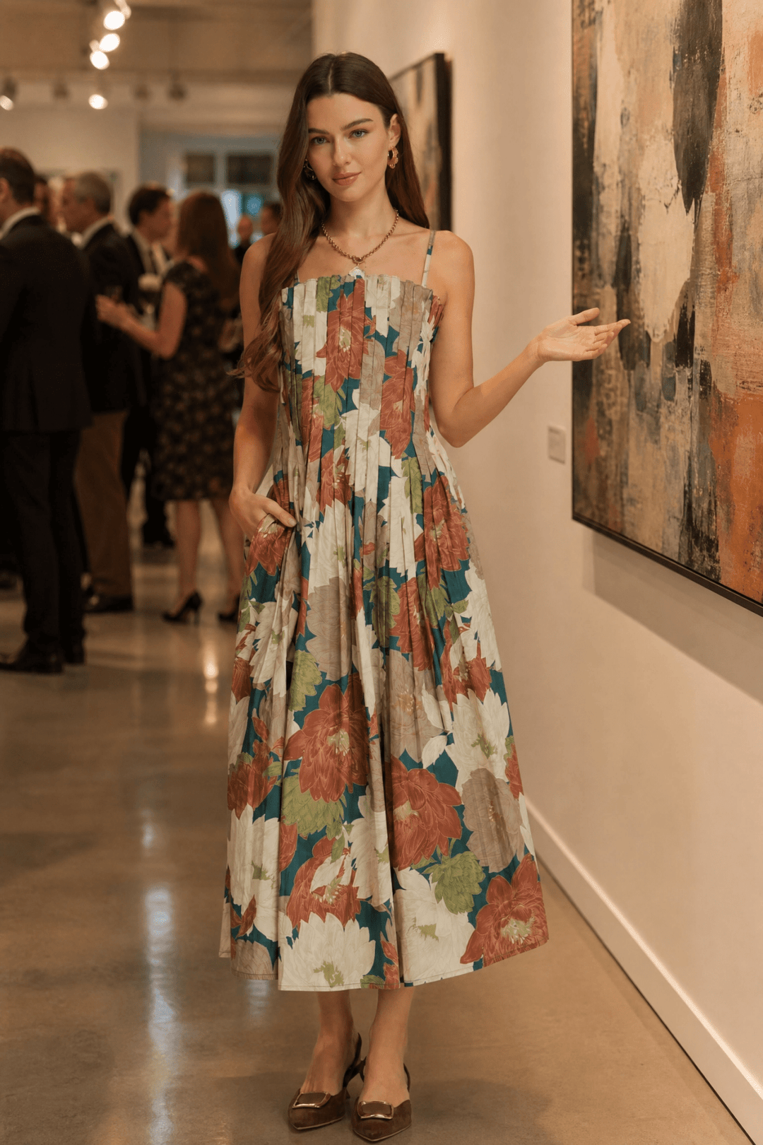 Fall Gallery Dinner: The Floral Pleated Bodice Midi Dress - Lush Lemon