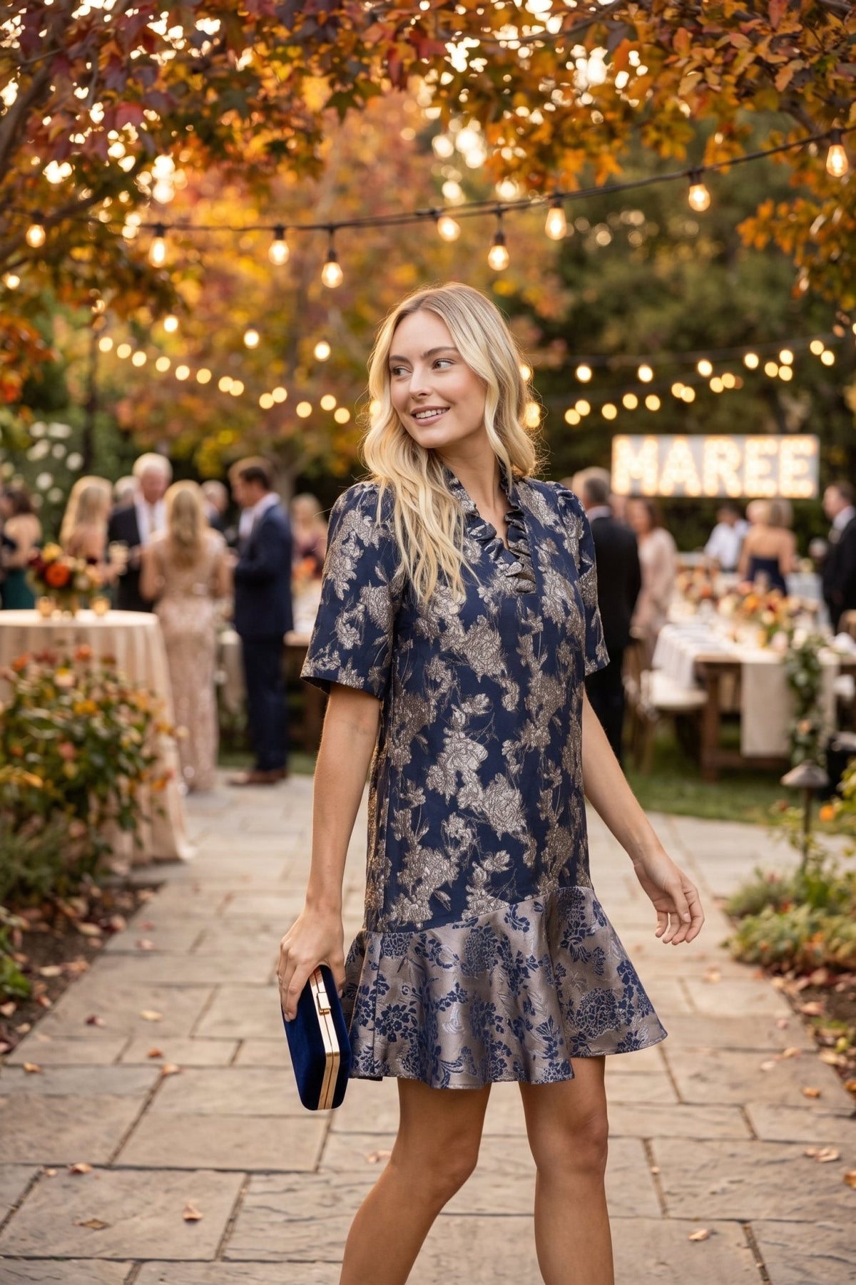 Fall Wedding Guest: The Floral Jacquard Ruffle Dress - Lush Lemon