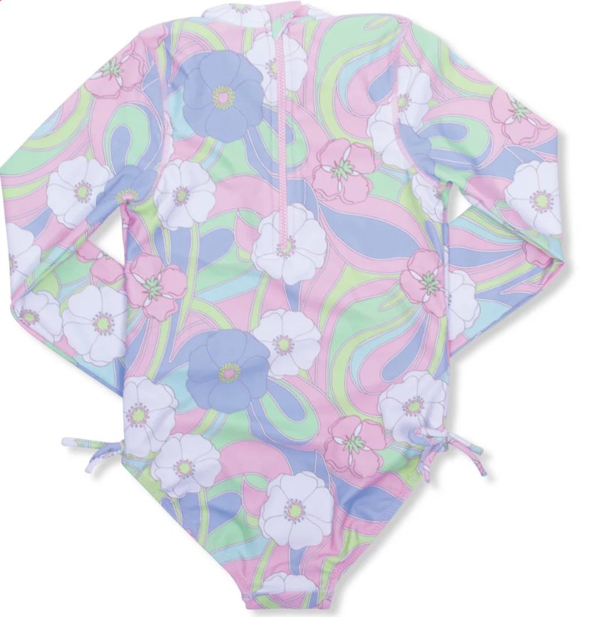 Get Ready for Fun in the Sun with the Groovy Daisy Swirl Girls One Piece Long Sleeve Swimsuit - Lush Lemon