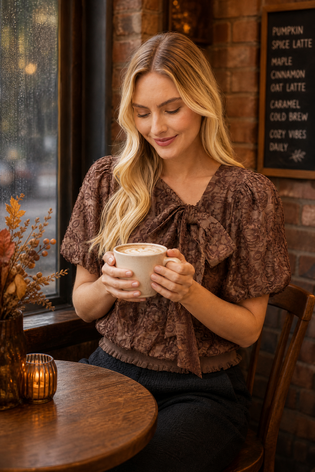 Cozy Coffee Shop Style: The Floral Burnout Bow Top