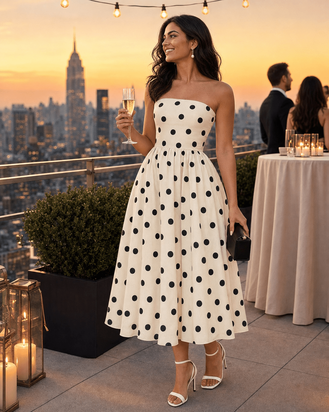Retro Summer Cocktail Attire: Polka Dot Strapless Midi - Lush Lemon