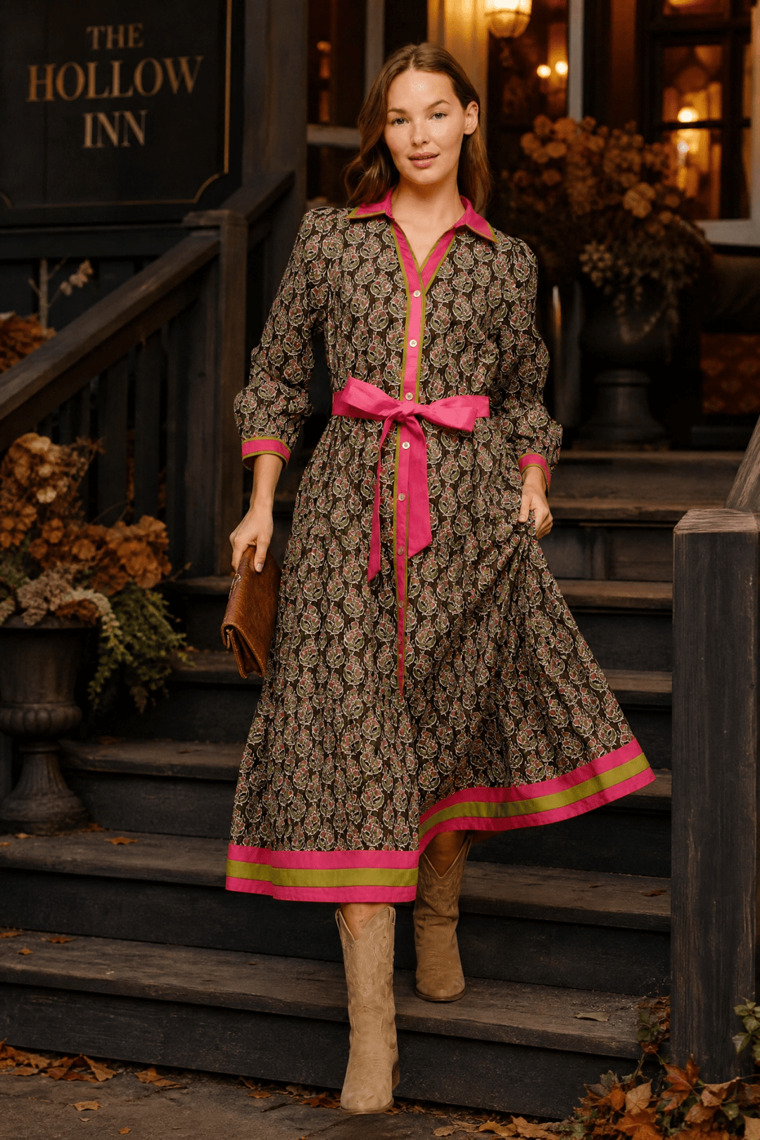 Rustic Fall Style: Floral Tie Waist Maxi Dress - Lush Lemon