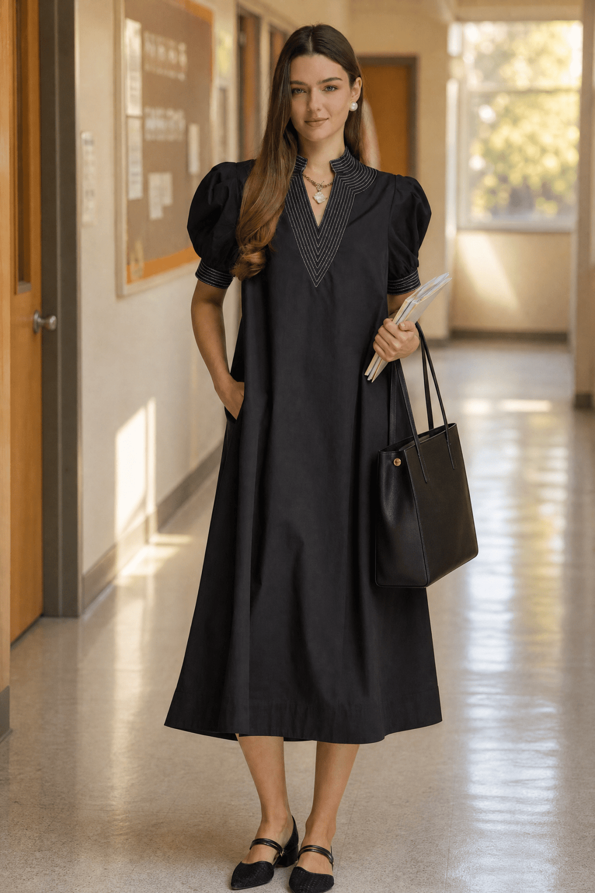 Teacher Dress Style: The Black Contrast Stitch Midi - Lush Lemon