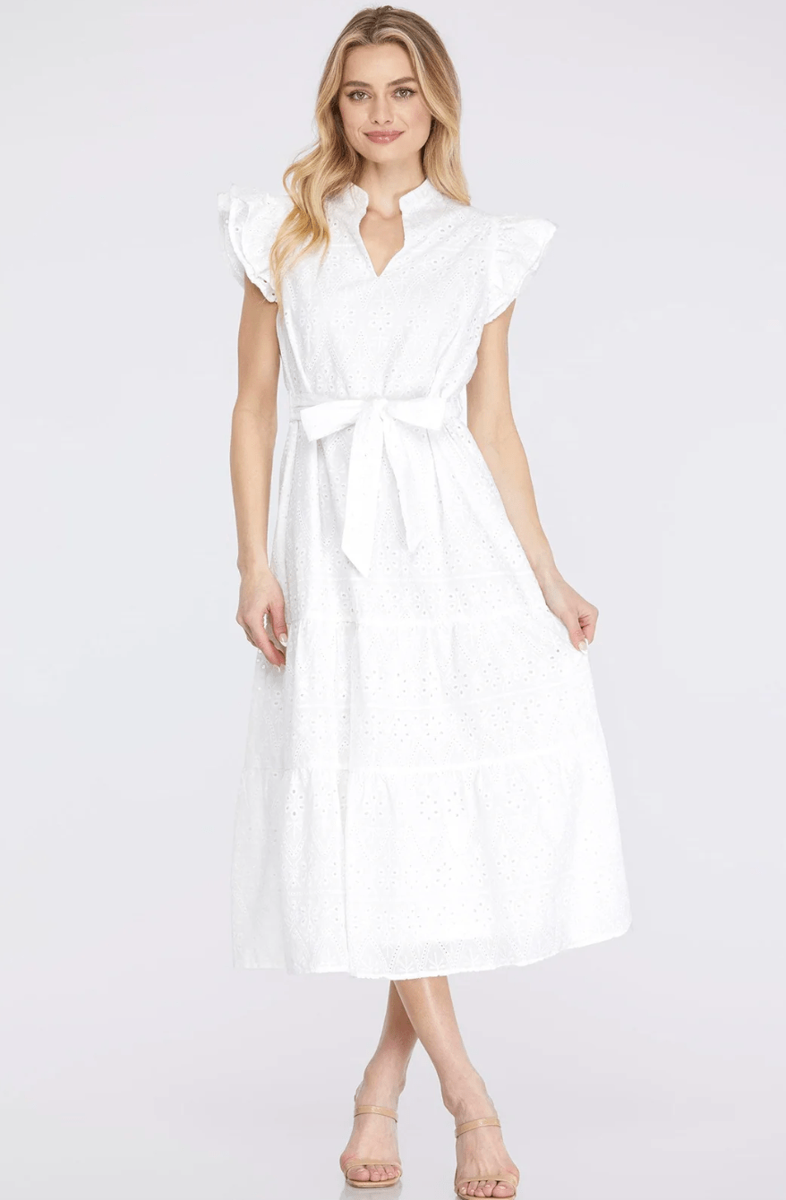 The Elegance of the Ruffle Sleeve Eyelet Lace Midi Dress with Front Waist Tie - Lush Lemon