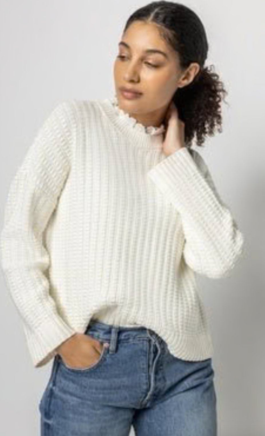 The Elegant Allure of the Eyelet Trimmed Crewneck Sweater - Lush Lemon