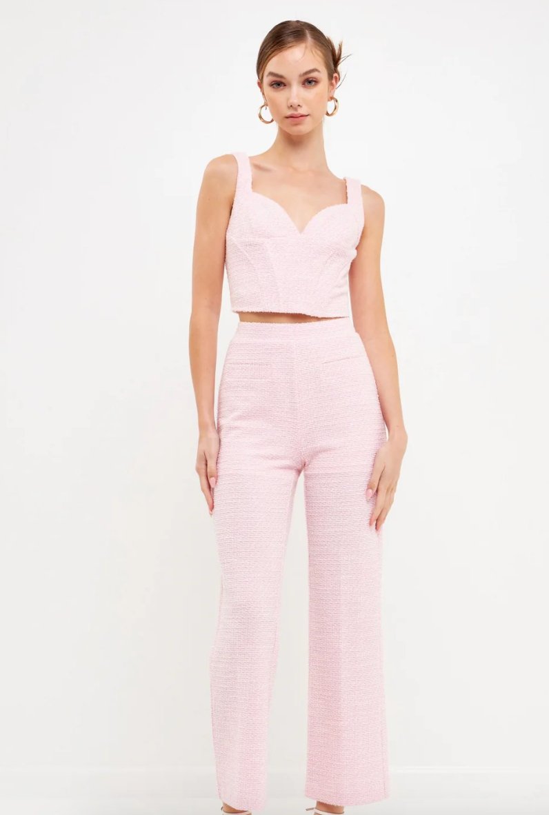 The Fashion Forward Choice: Stretch Tweed Pants in Pink - Lush Lemon