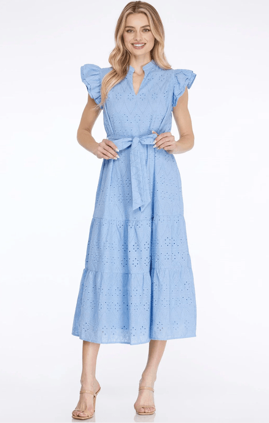The Perfect Blend of Style and Comfort: Ruffle Sleeve Eyelet Lace Midi Dress with Front Waist Tie