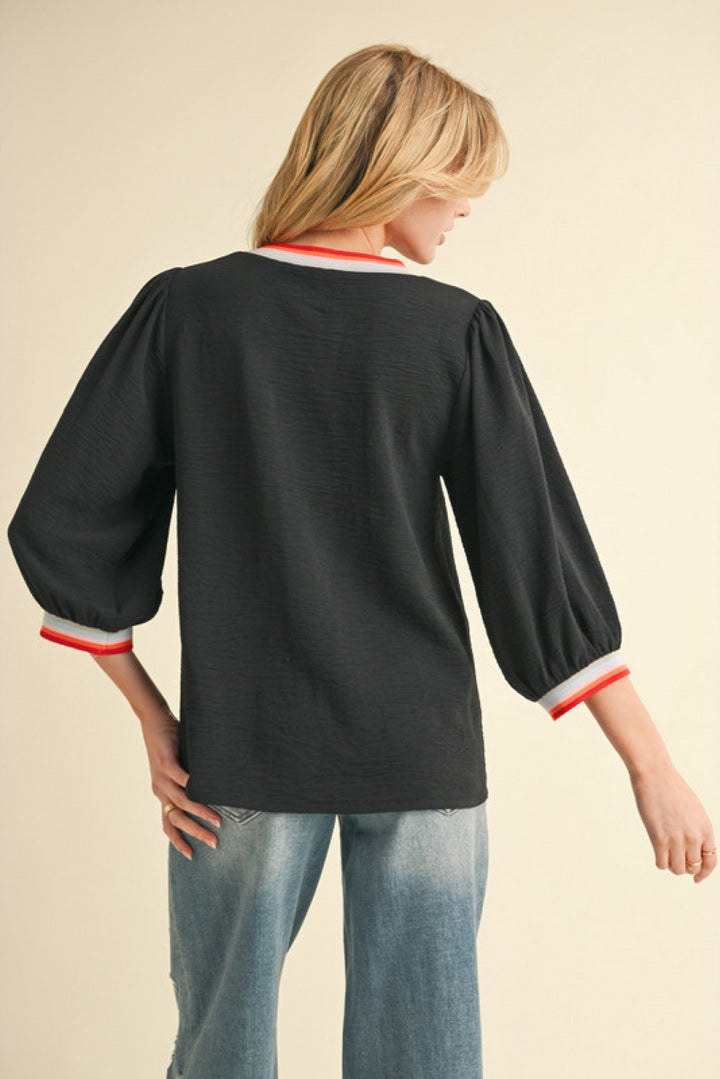 Striped Rib Peasant Sleeve Top