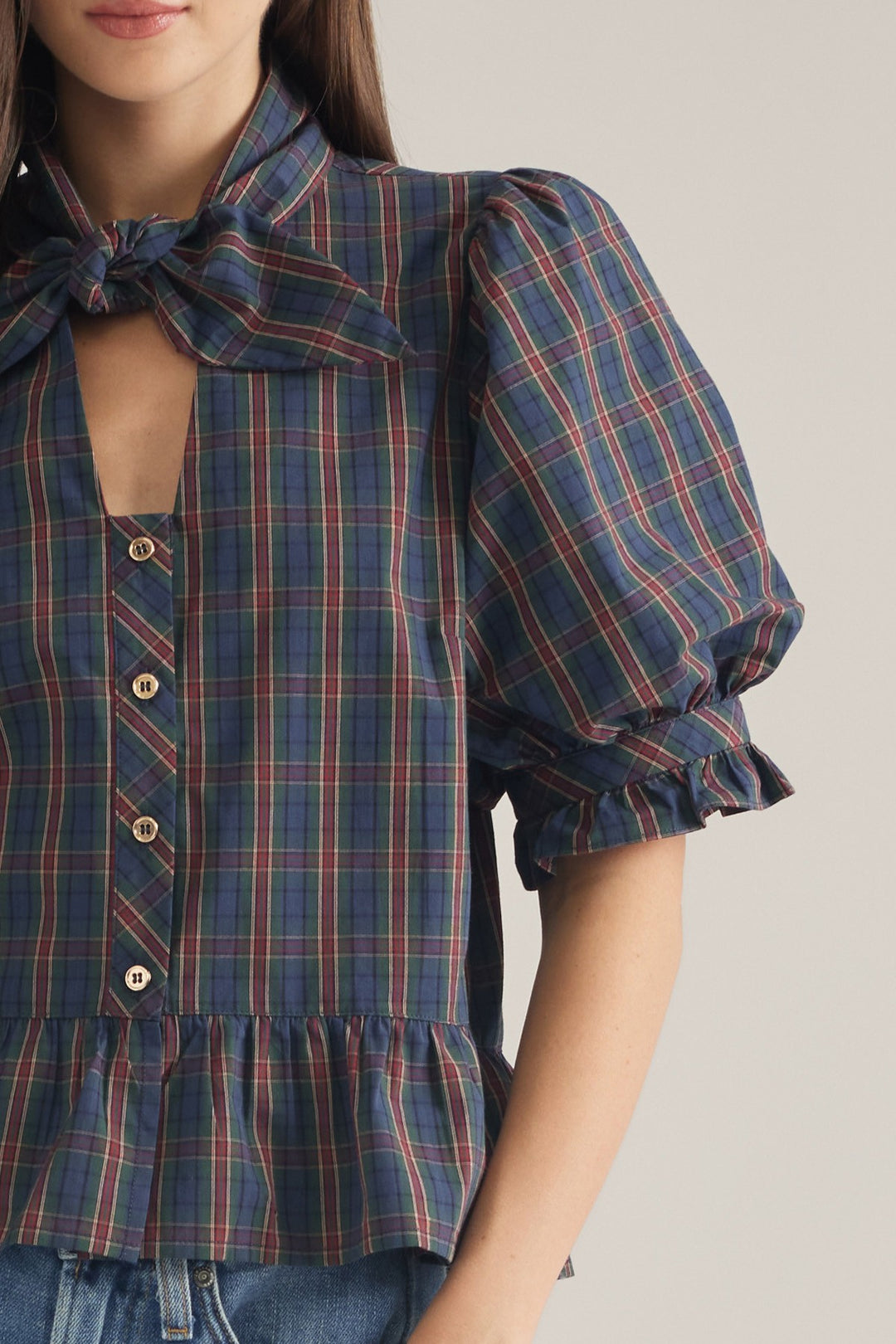 Plaid Bow Neck Peplum Top