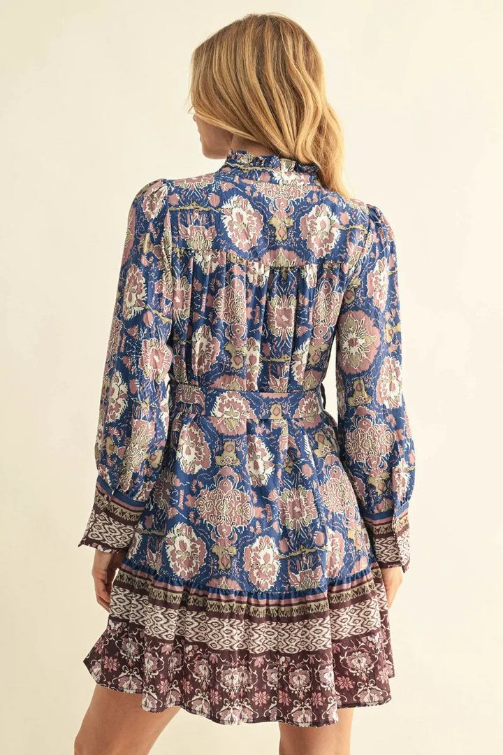 Boho Floral Tiered Mini Dress W/ Waist Tie