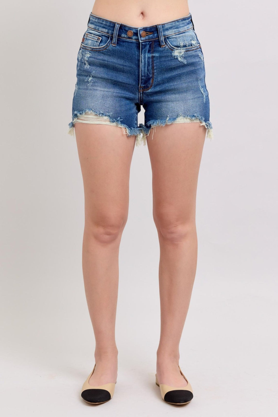 2 Button Dad Shorts W/ Destroy - Lush Lemon - Women's Clothing - Judy Blue - 56722413183741