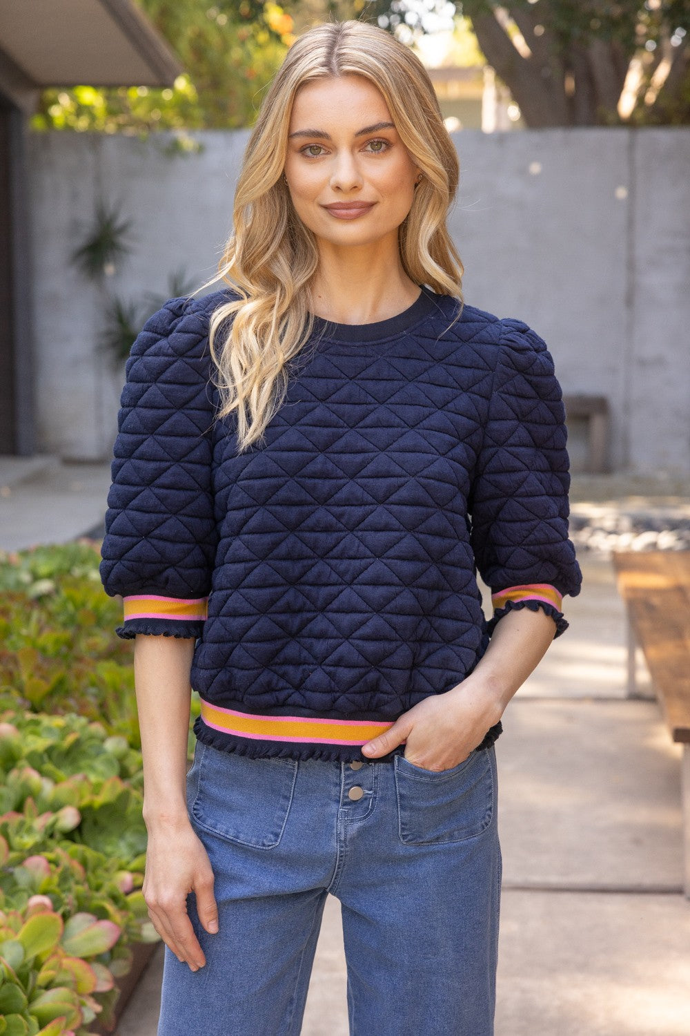 Quilted Striped Band Knit Top