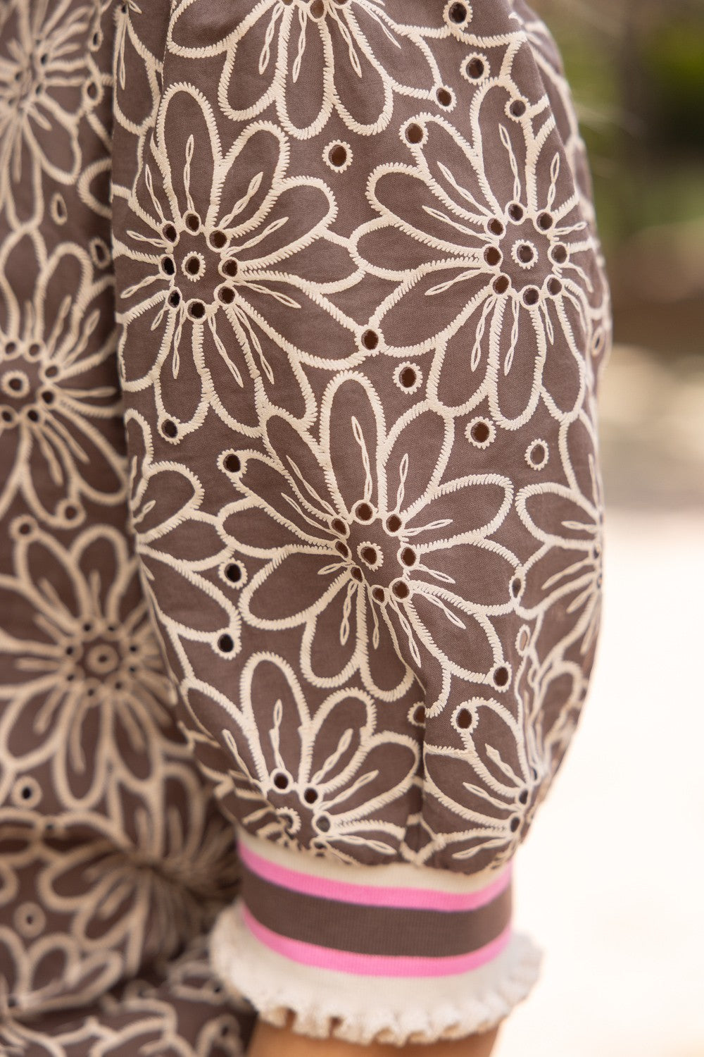 Stripe Band Floral Eyelet Top