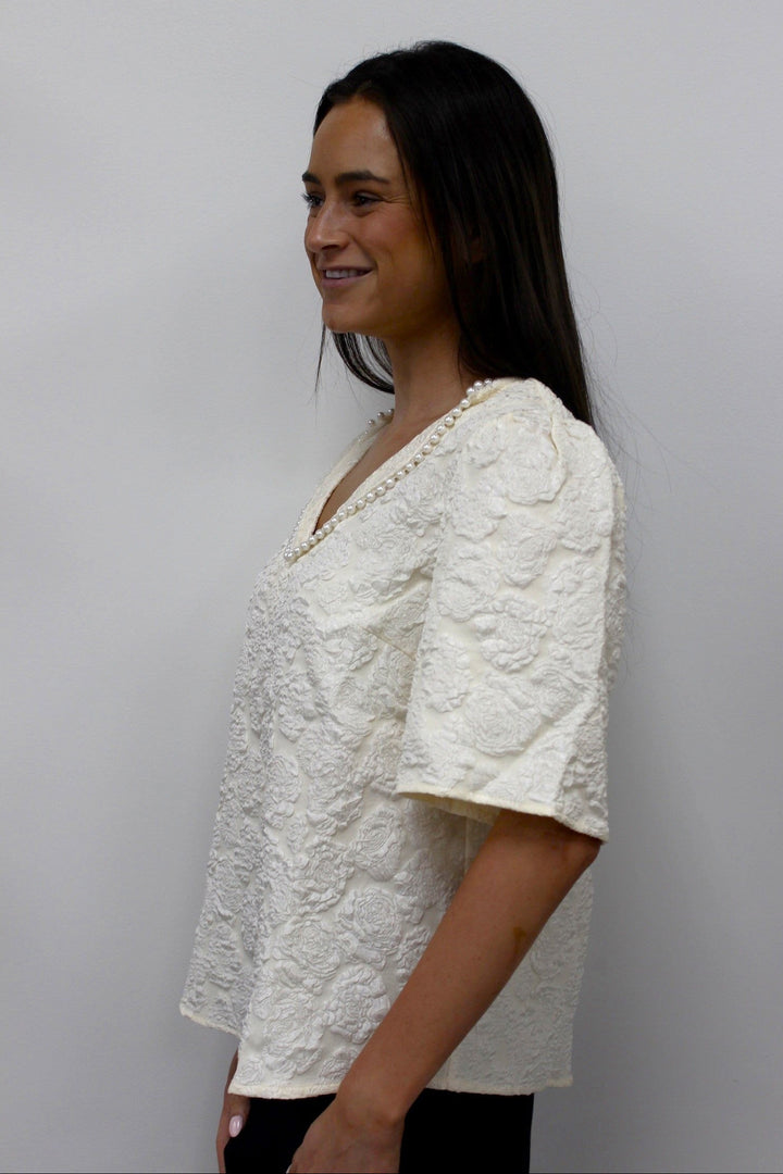 Pearl Collar Floral Textured Top
