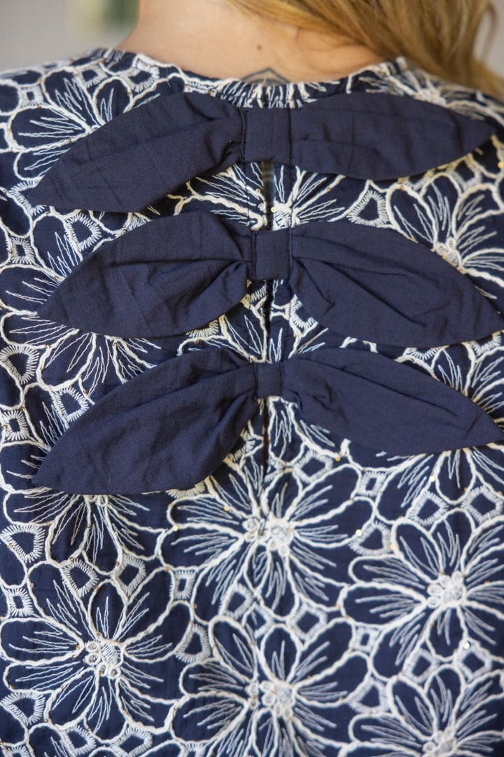 Back Bow Detailed Floral Embroidered Top
