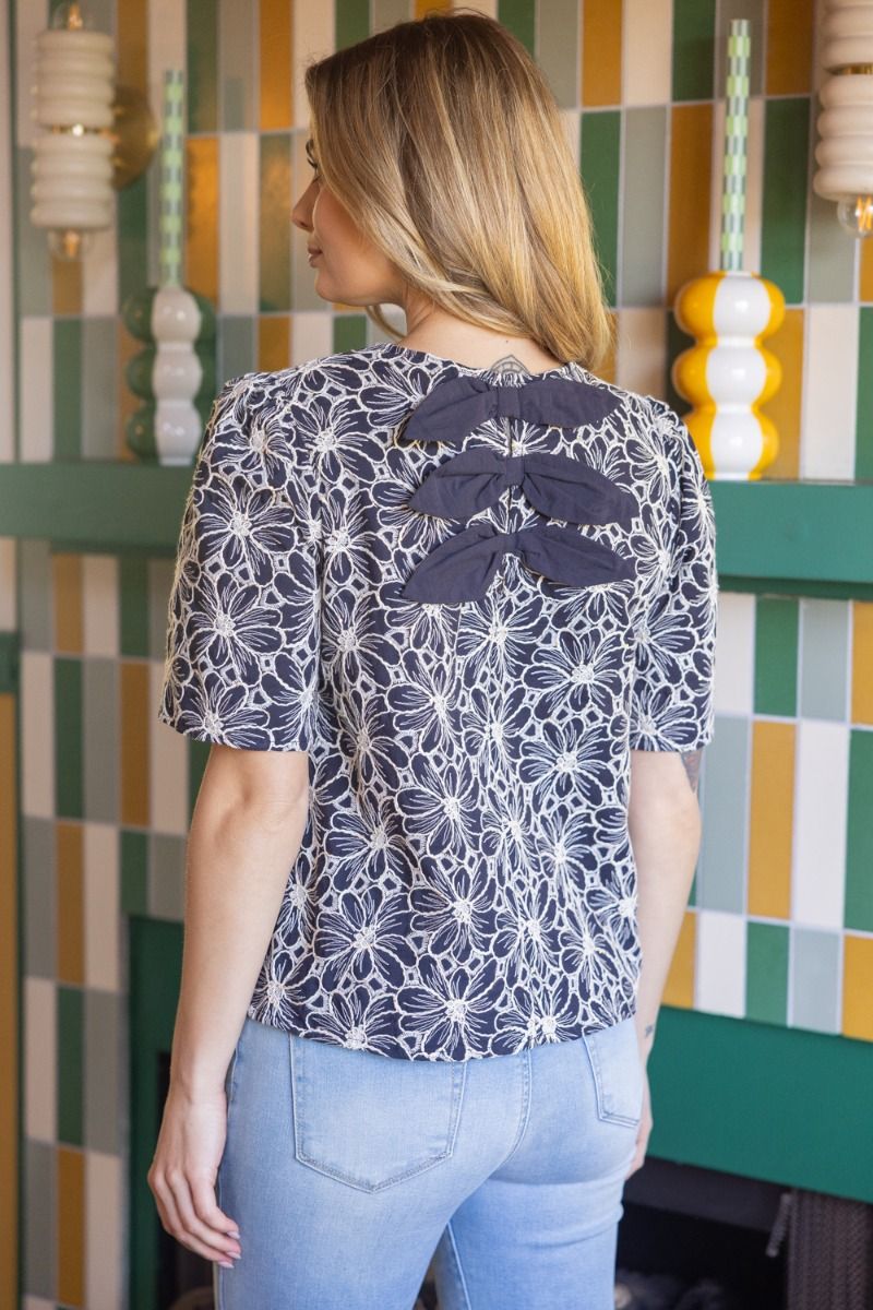 Back Bow Detailed Floral Embroidered Top