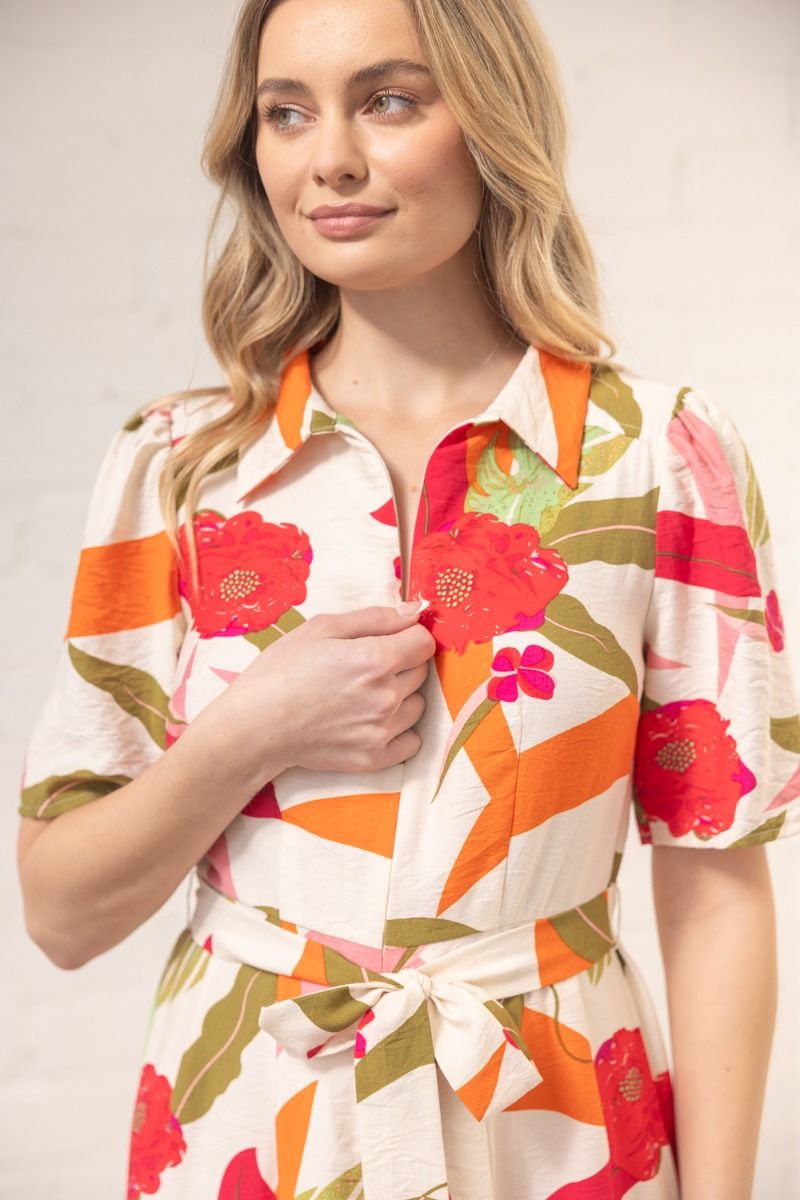 Botanical Belted Midi Dress