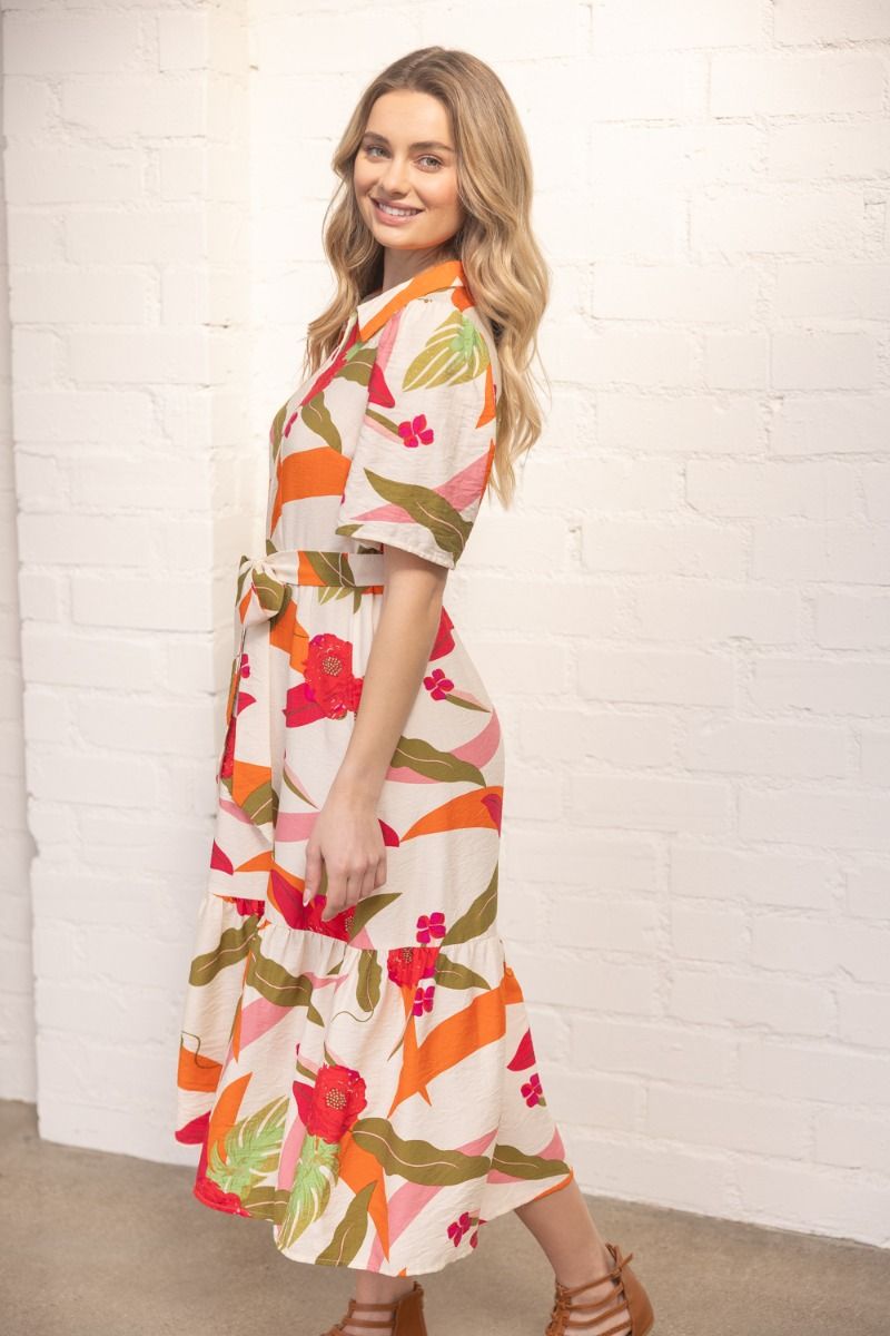 Botanical Belted Midi Dress