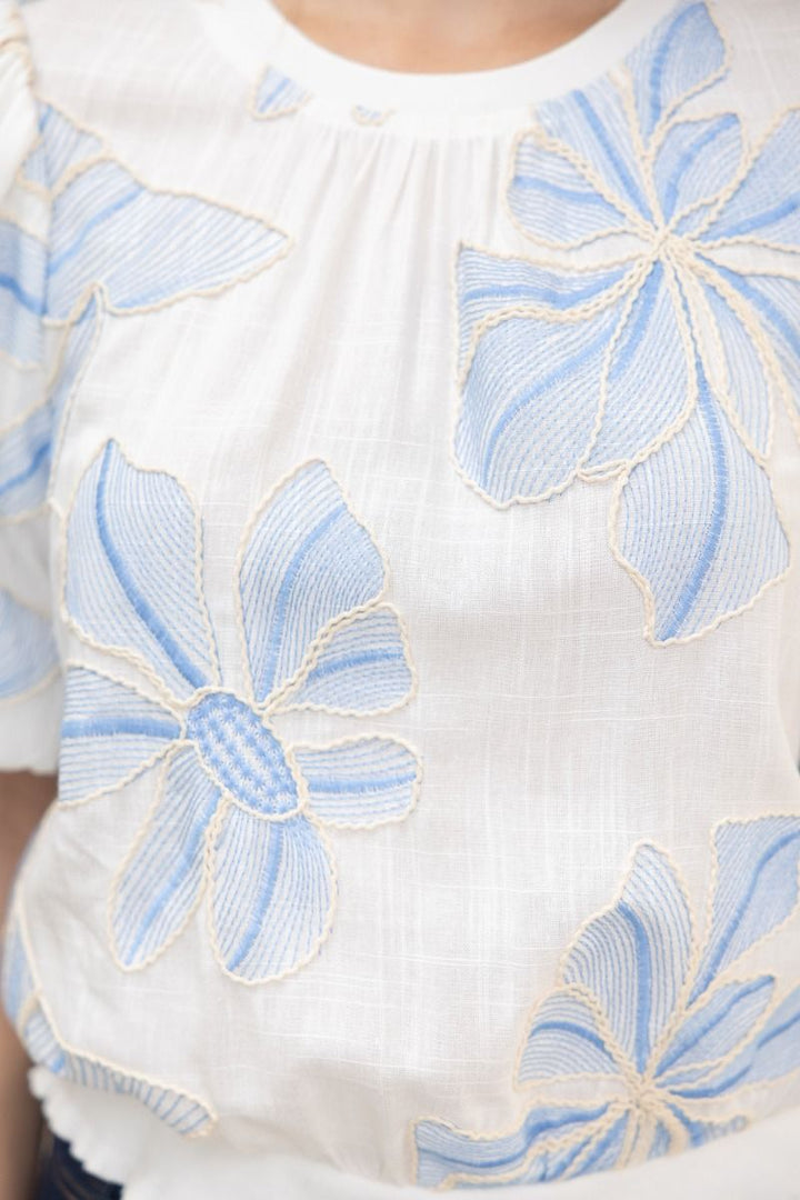 Floral Embroidery Top W/Contrast Band