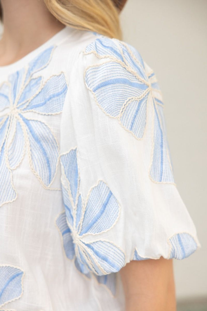 Floral Embroidery Top W/Contrast Band