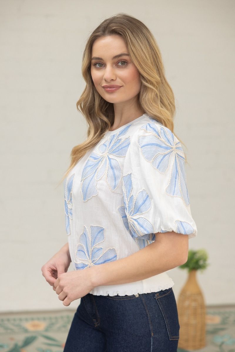 Floral Embroidery Top W/Contrast Band