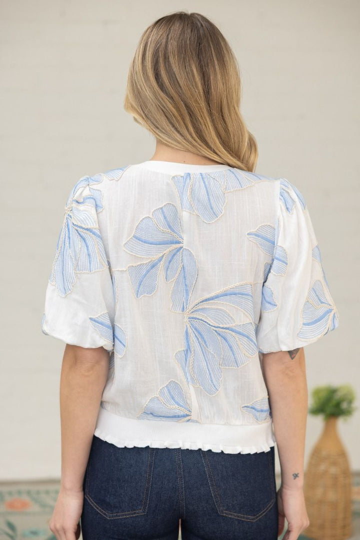 Floral Embroidery Top W/Contrast Band