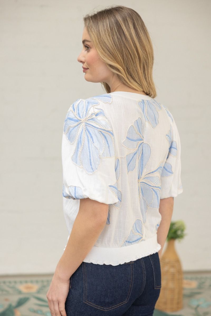 Floral Embroidery Top W/Contrast Band