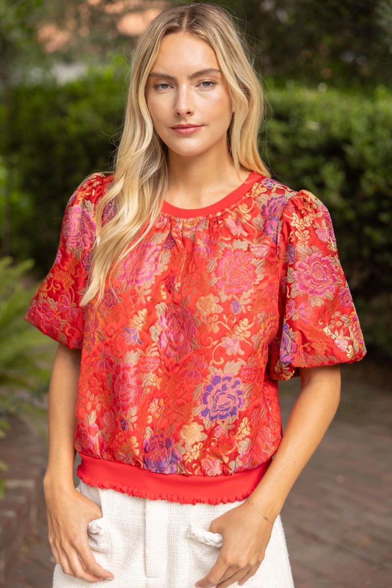 Floral Jacquard Bubble Sleeve Top