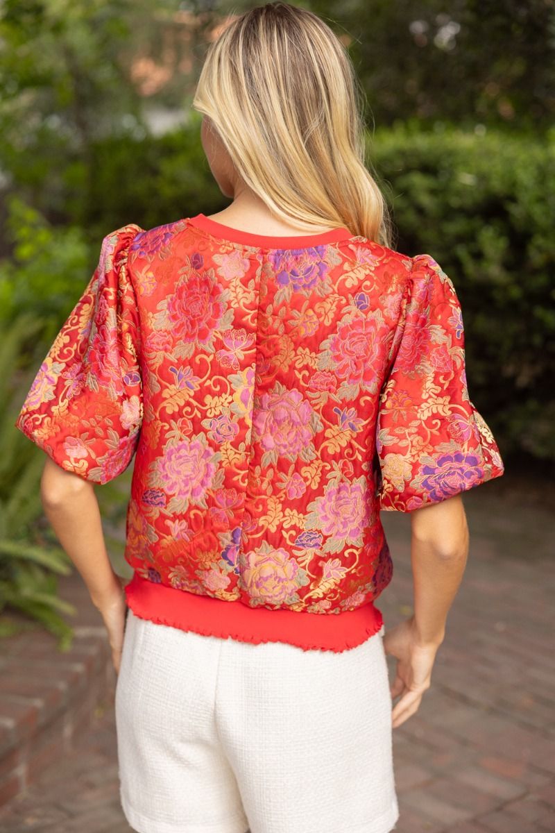 Floral Jacquard Bubble Sleeve Top