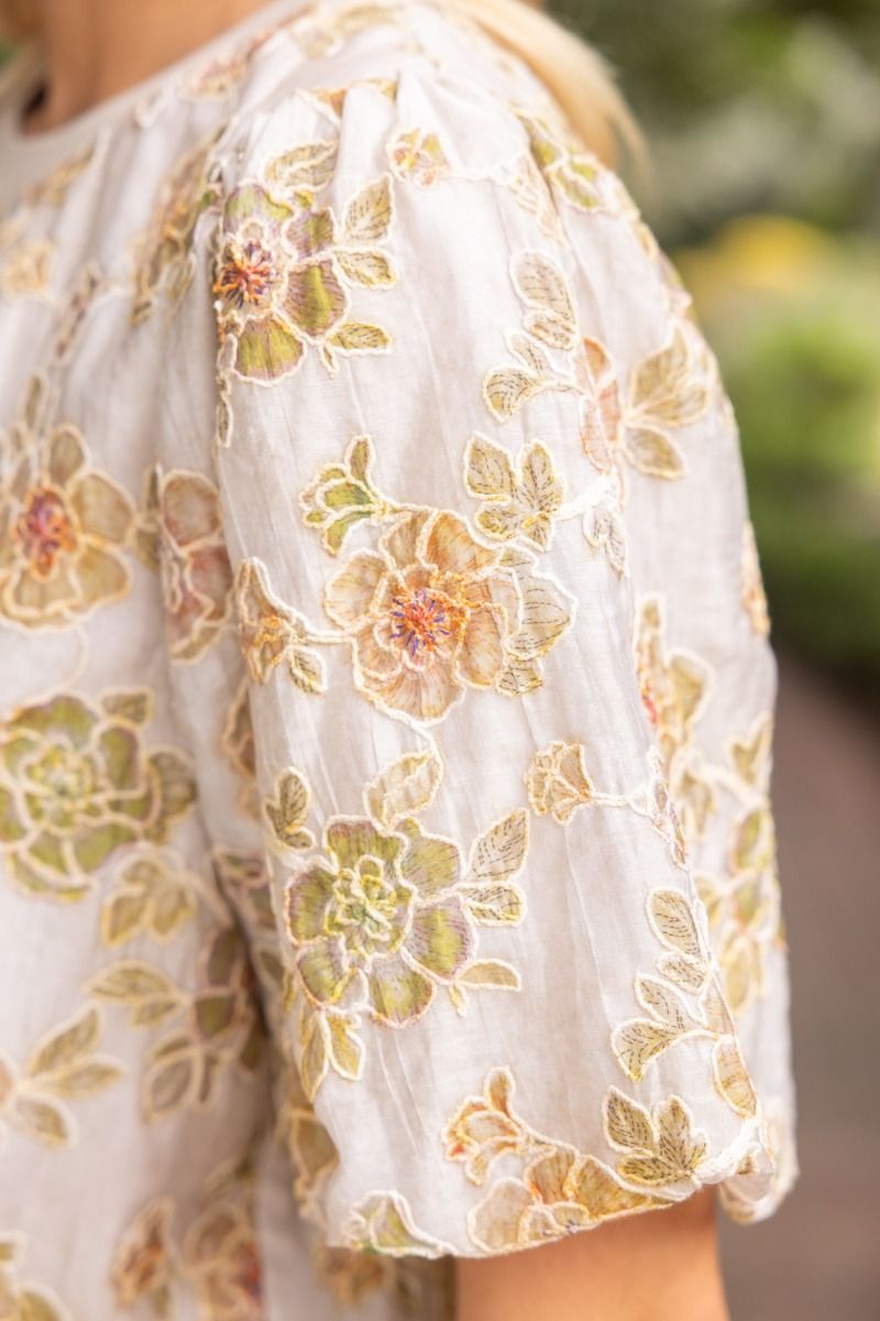 Ribbed Knit Band Floral Embroidered Top