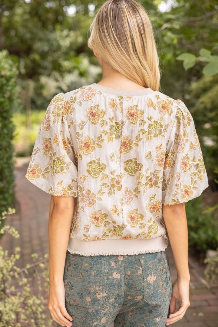 Ribbed Knit Band Floral Embroidered Top
