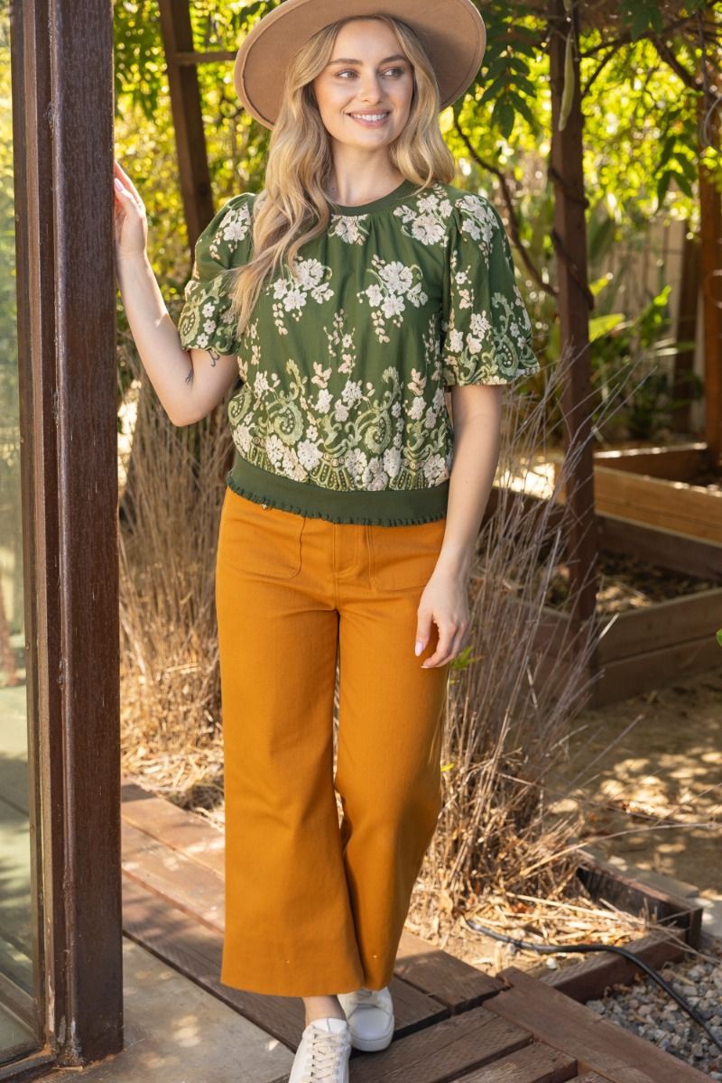 Floral Embroidered Rib Band Top