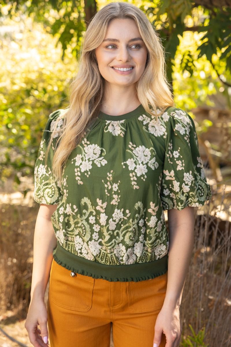 Floral Embroidered Rib Band Top