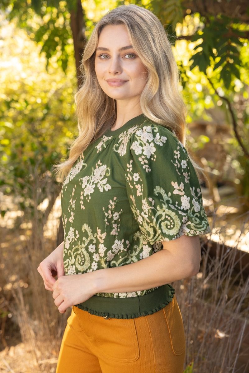 Floral Embroidered Rib Band Top