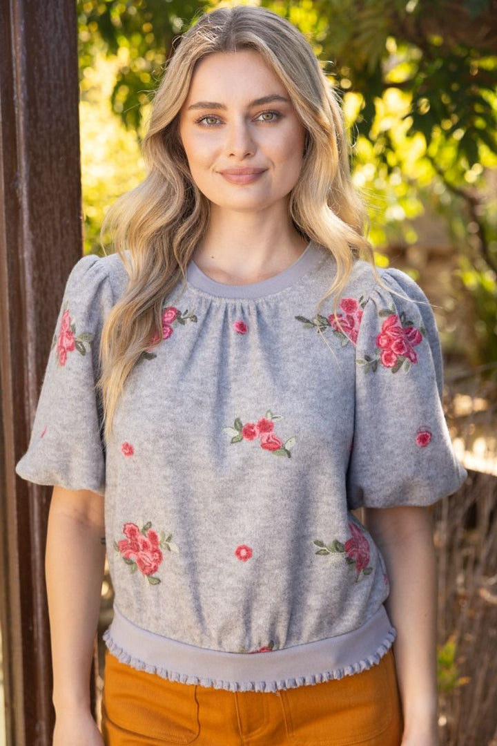 Floral Embroidered Bubble Sleeve Top