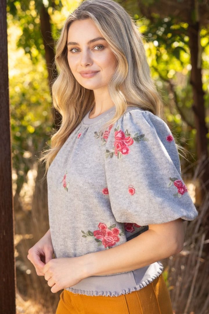 Floral Embroidered Bubble Sleeve Top