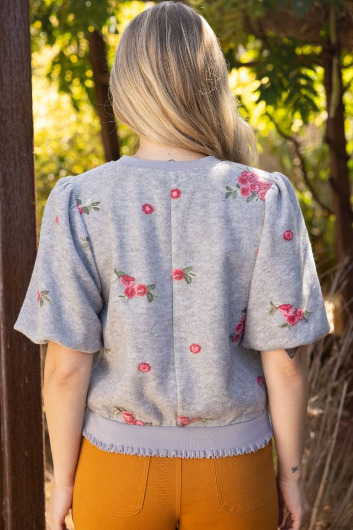 Floral Embroidered Bubble Sleeve Top