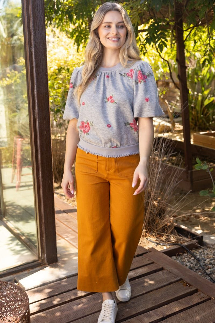 Floral Embroidered Bubble Sleeve Top