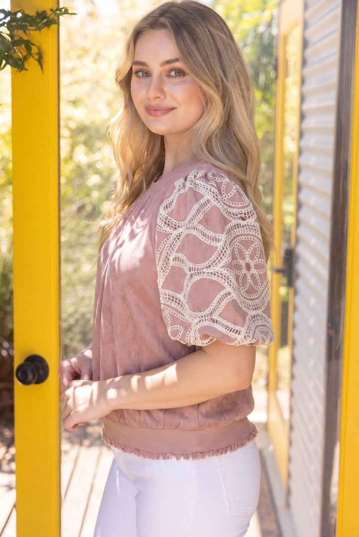 Floral Crochet Bubble Sleeve Suede Top
